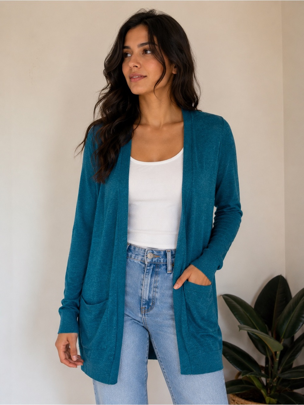 Halogen Teal Linen Blend Open Front Long Cardigan Sweater Size Large